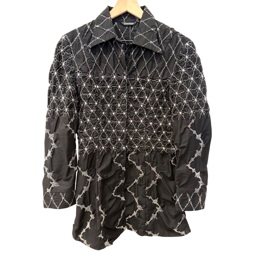 Samuel Dong Black 3D Smocked Embroidered Cotton Button Down Shirt Womens M Art